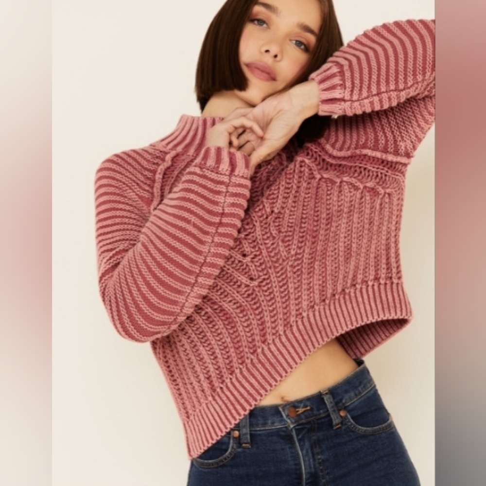 Free People Sweetheart Pullover Cropped Sweater Size Small Red Garnet Chunky